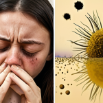 **

A person looking tired and holding their head, with a runny nose. In the background, blurry images of pollen, a cat, and dust mites represent common allergy triggers. The overall color palette should be muted and emphasize feelings of discomfort. The style should be slightly cartoonish but relatable.

**