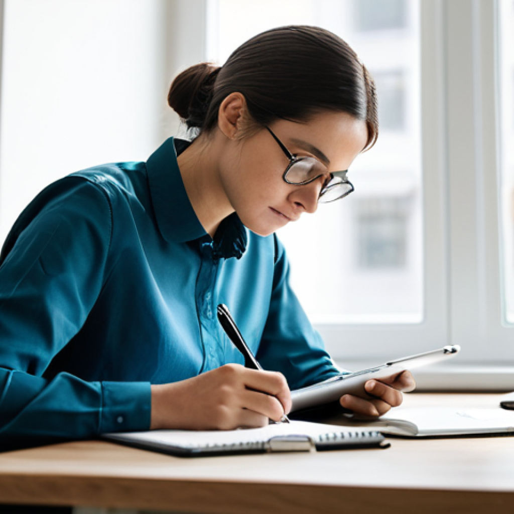 A focused individual, fully clothed in modest business-casual attire, sitting at a clean, well-lit desk. They are diligently organizing medical notes and documents, holding a pen with a notebook open and a tablet displaying health information. The environment is a modern, minimalist home office with soft, natural light coming through a window. This image emphasizes preparation and organization. Professional photography, high resolution, soft focus on the subject, perfect anatomy, correct proportions, natural pose, well-formed hands, proper finger count, natural body proportions, safe for work, appropriate content, professional.