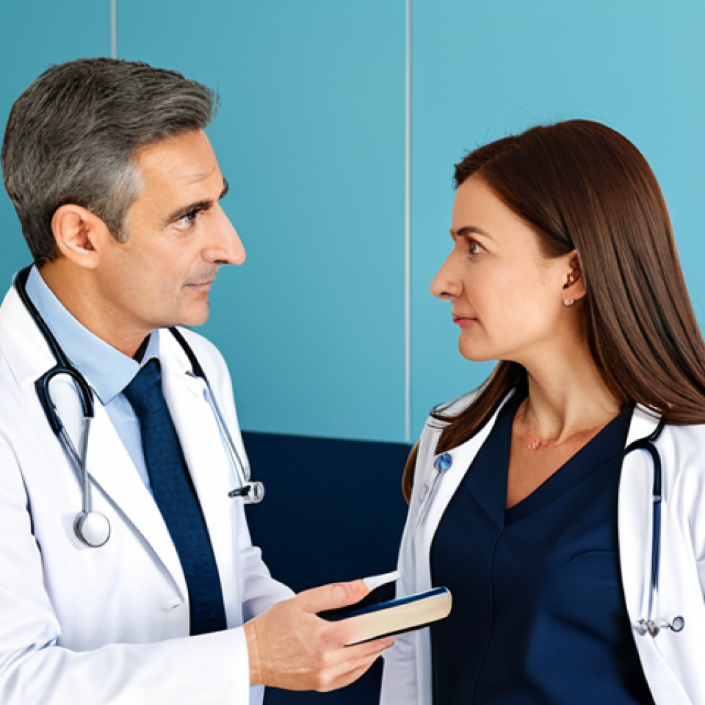 성대 결절과 폴립의 차이점 - **Image Prompt:** "A woman, fully clothed in professional attire, consulting with a doctor in a brig...