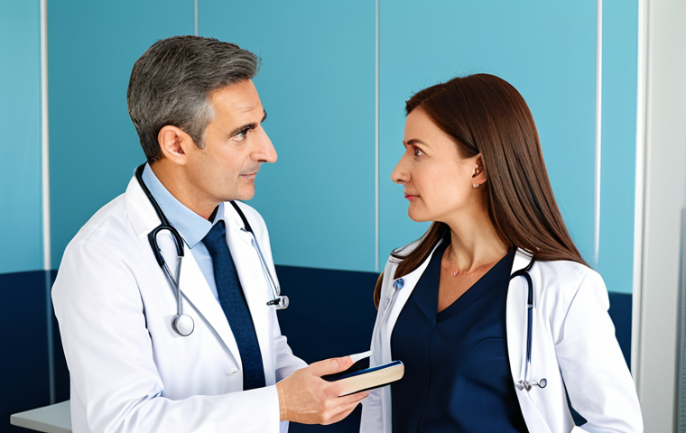 성대 결절과 폴립의 차이점 - **Image Prompt:** "A woman, fully clothed in professional attire, consulting with a doctor in a brig...